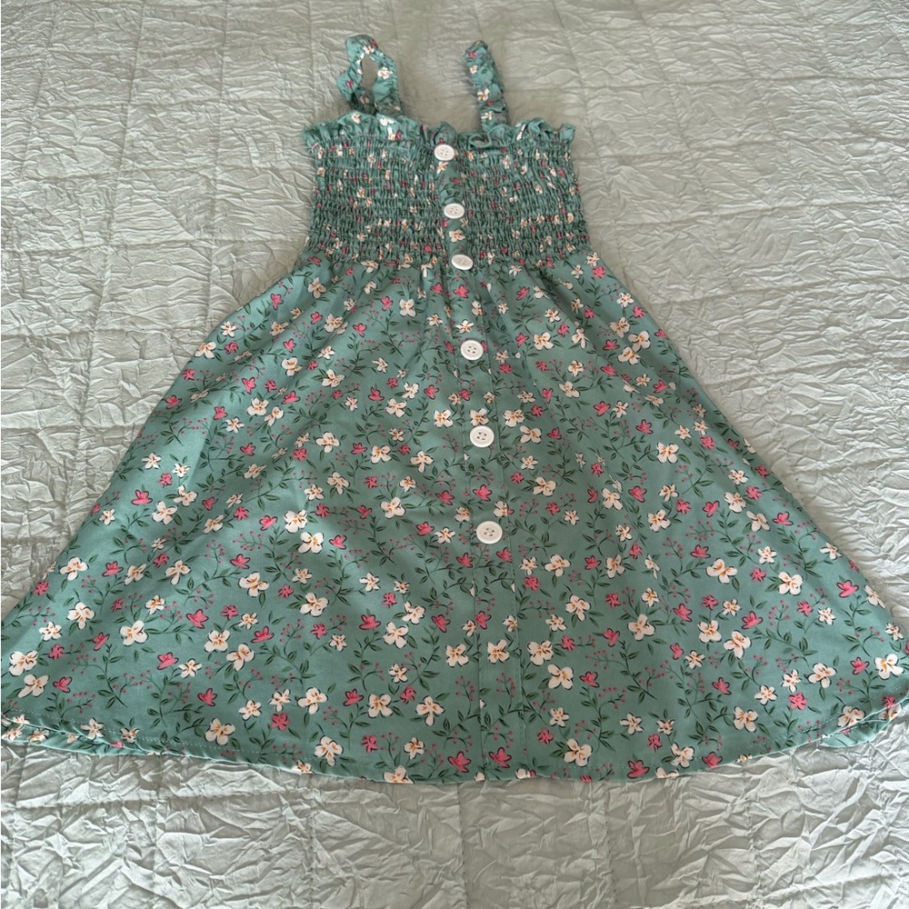 Girls Green Floral Button-Front Sundress
